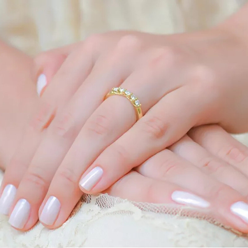 Close-up of a hand wearing a gold ring with a white background