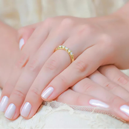 Close-up of a hand wearing a gold ring with a white background
