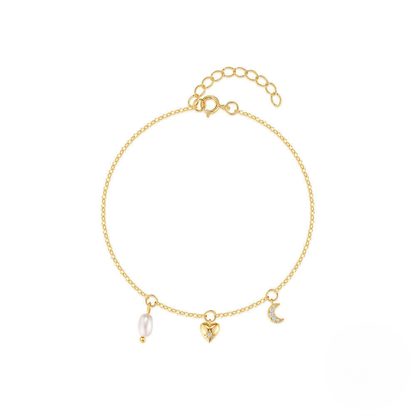 Gold bracelet with heart and moon charms on a white background