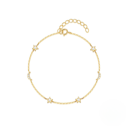 Gold bracelet with star-shaped charms on a white background