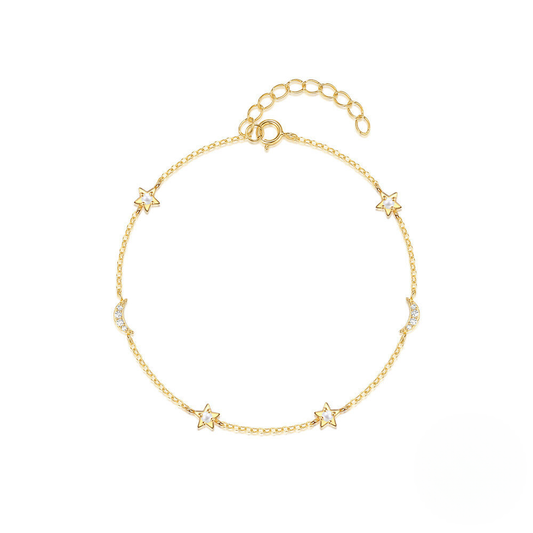 Gold bracelet with star-shaped charms on a white background