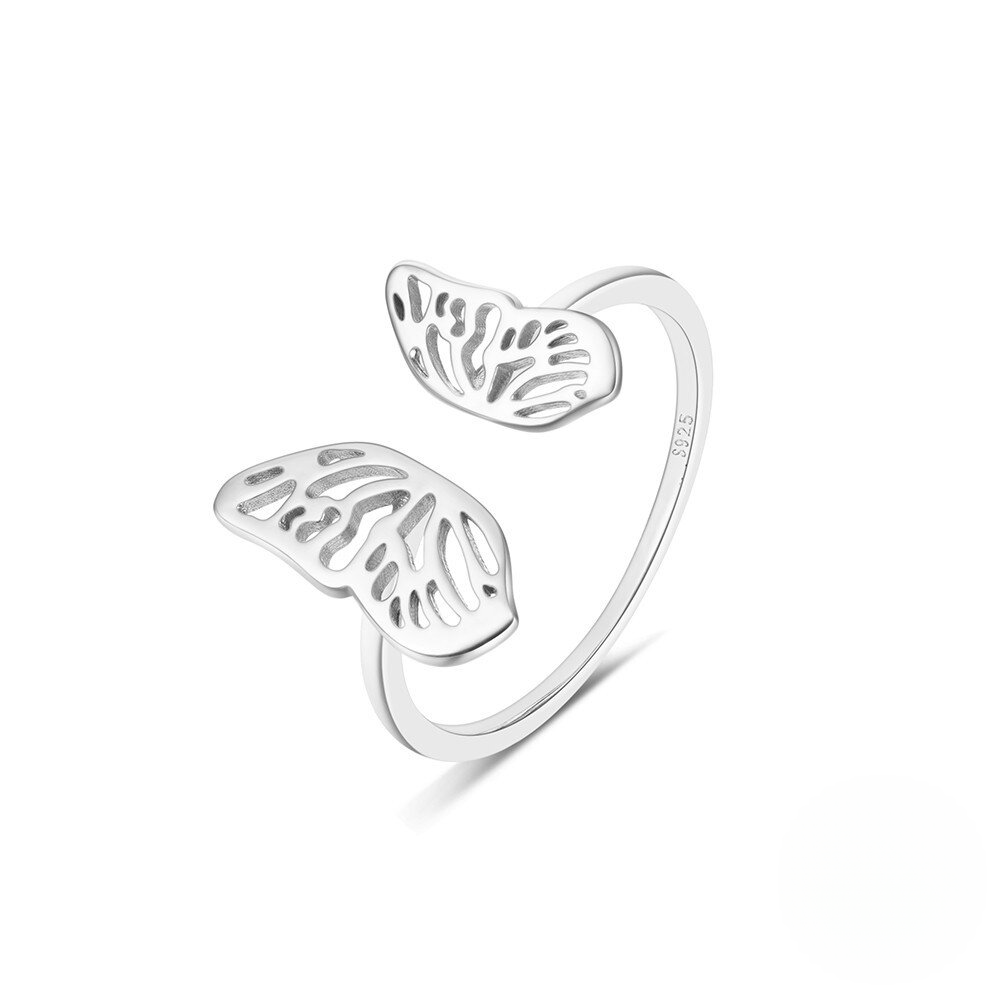 Silver butterfly-shaped ring on a white background