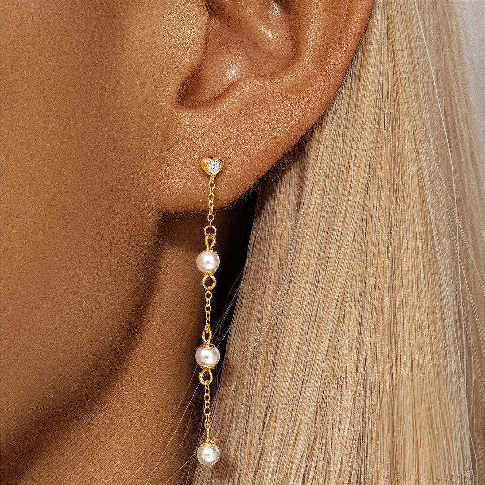 Heart Y-Tassel Pearl & Zircon Necklace and Earring Set