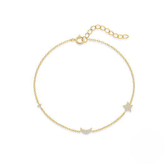 Gold bracelet with star-shaped charms on a white background