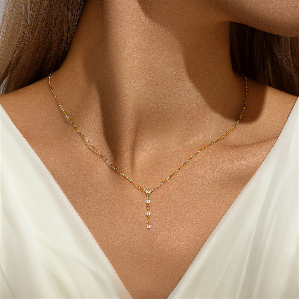 Heart Y-Tassel Pearl & Zircon Necklace and Earring Set