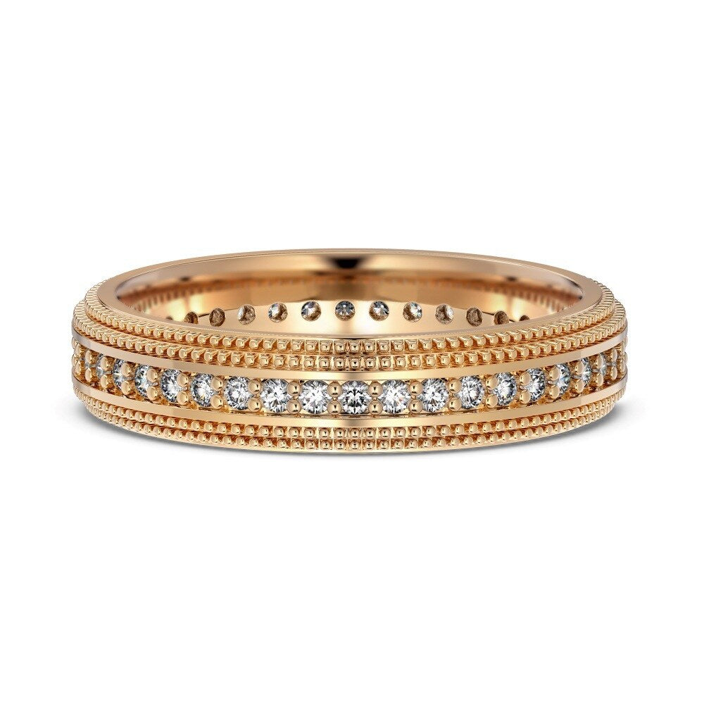 Rose gold ring with diamond accents on a white background