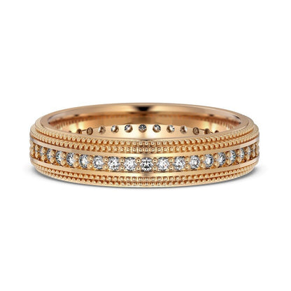 Rose gold ring with diamond accents on a white background