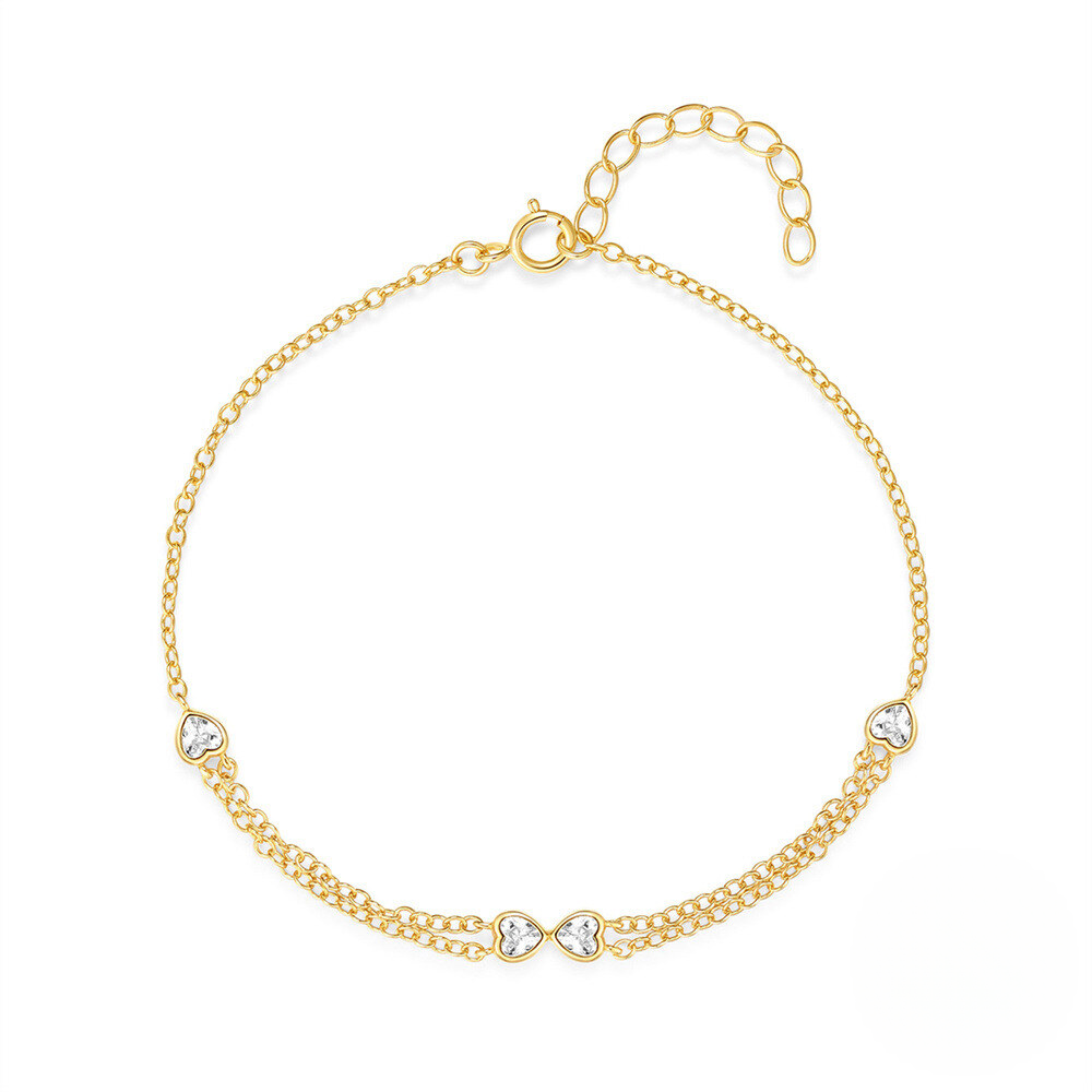 Gold bracelet with heart-shaped charms on a white background