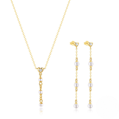 Heart Y-Tassel Pearl & Zircon Necklace and Earring Set