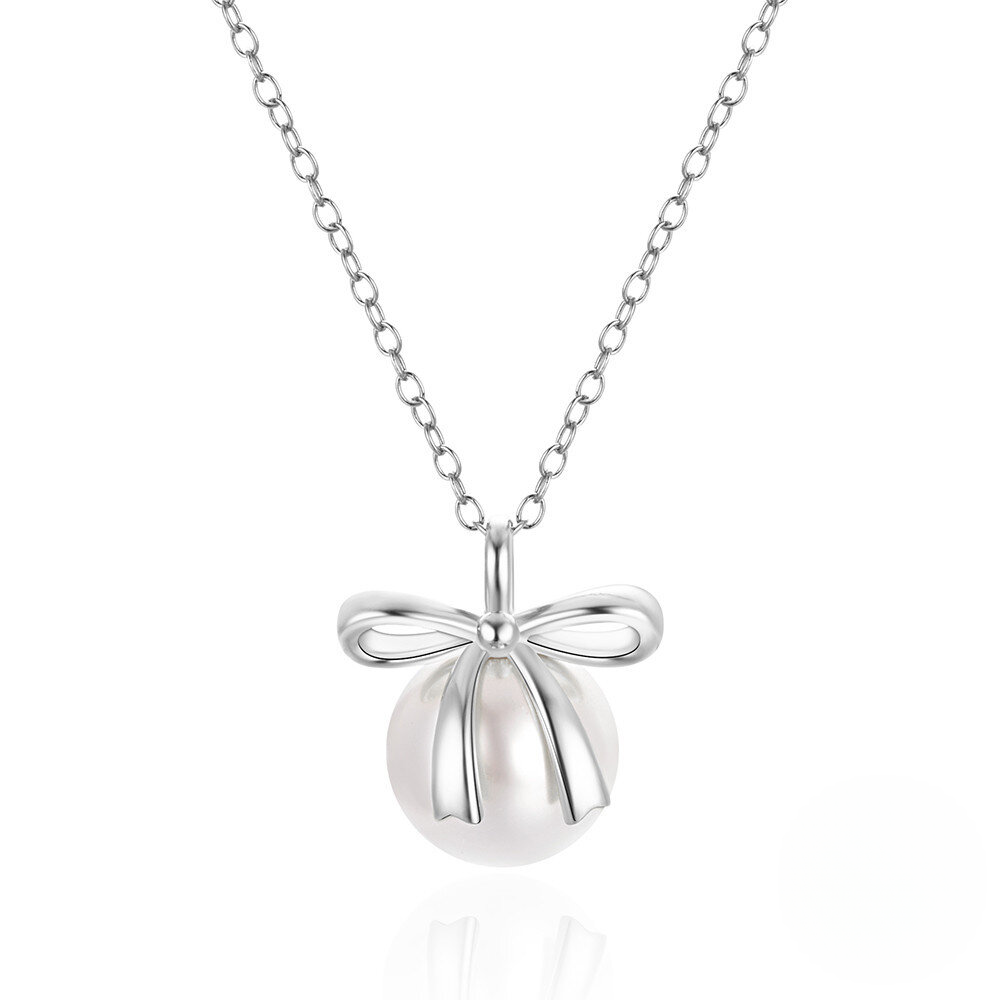 Silver necklace with a bow-shaped pendant on a white background