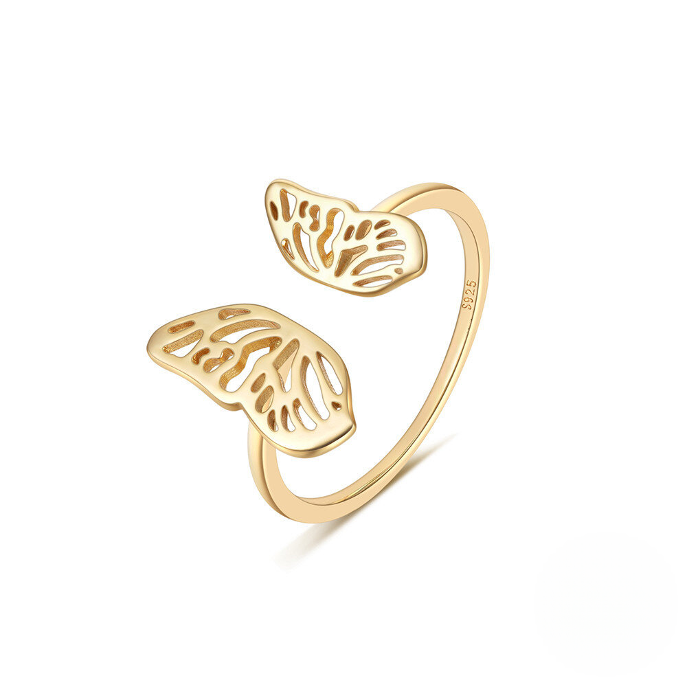 Gold open ring with butterfly design on a white background
