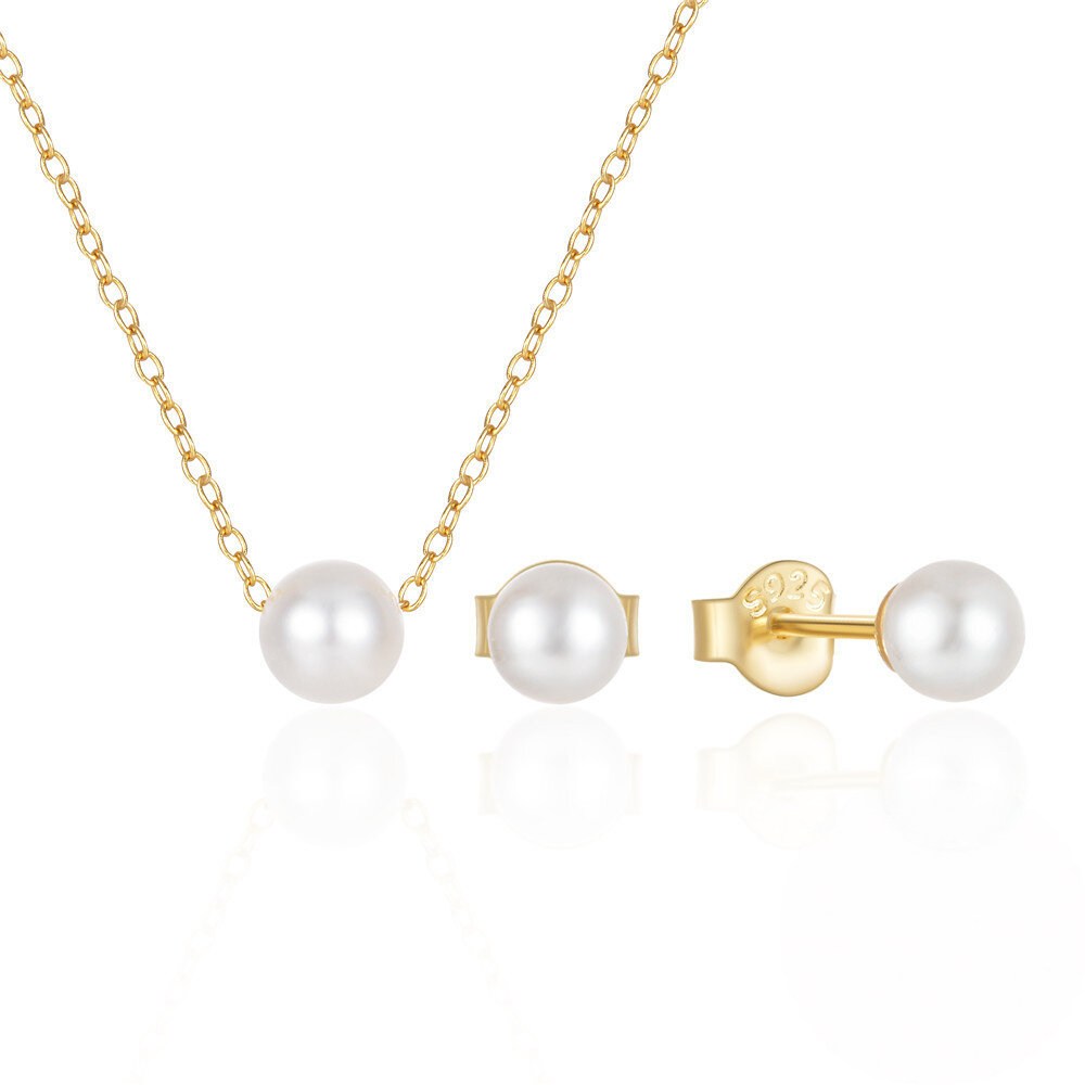 Pearl necklace and earrings set on a white background