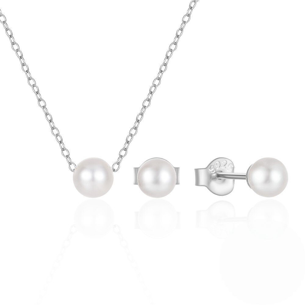 Pearl necklace and earrings set on a white background