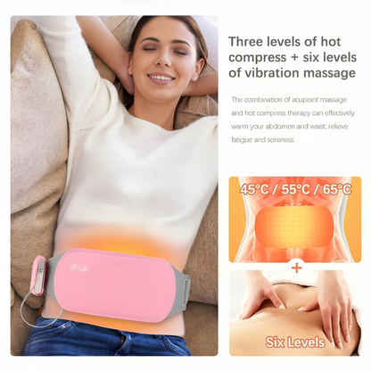Woman relaxing with CrampRelief Pro showing three levels of hot compress (45°C/55°C/65°C) plus six levels of vibration massage for customizable menstrual pain relief