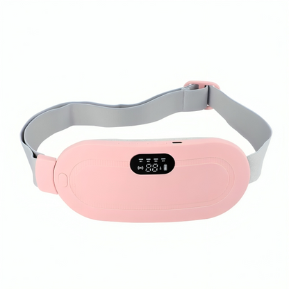 CrampRelief Pro pink heating belt with LED display screen showing 3 levels heating and 4 levels vibration massage