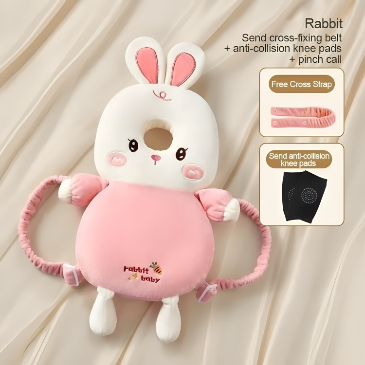Pink rabbit-shaped product with features listed on a beige background