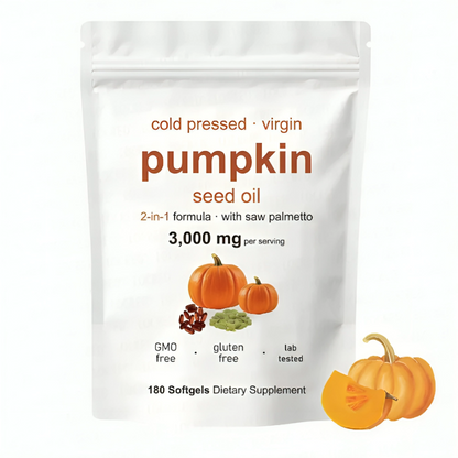 Packaging of pumpkin seed oil supplement with pumpkins on a white background