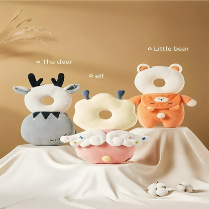 Set of four animal-themed donut-shaped pillows on a beige background