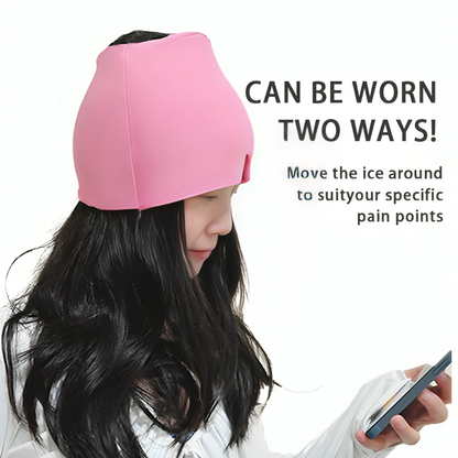 Person wearing a pink ice cap with text indicating it can be worn two ways and moved to suit pain points.