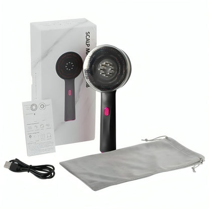 Purple Hair Regrowth Massage Comb – Red Light + Oil Applicator + 3 Modes showing what comes in package