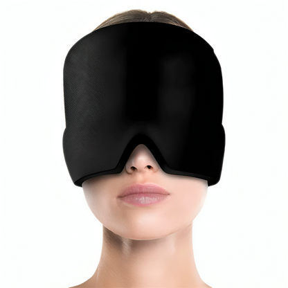 Black sleep mask worn by a person on a white background