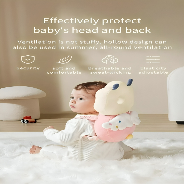 Baby sitting on a soft surface with a plush toy, surrounded by text highlighting product features.