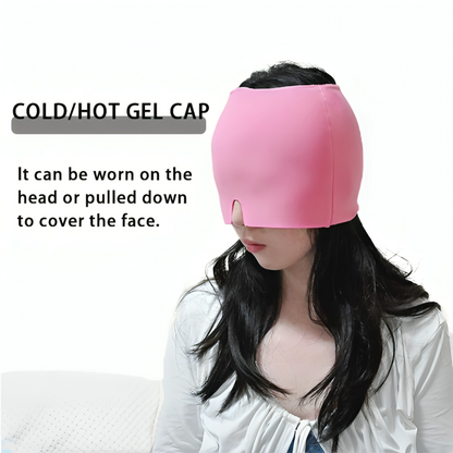 Person wearing a pink cold/hot gel cap with text explaining its use.