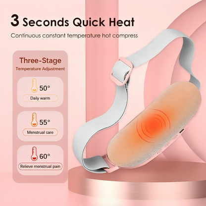 CrampRelief Pro 3-second quick heat technology with three-stage temperature adjustment showing 50°, 55°, and 60° settings for daily warm, menstrual care, and pain relief