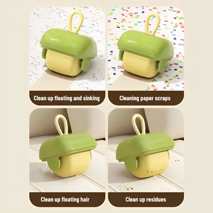 Green and yellow cleaning device with text indicating its uses on a beige background.