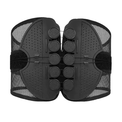 Black protective back pad with mesh design on a white background