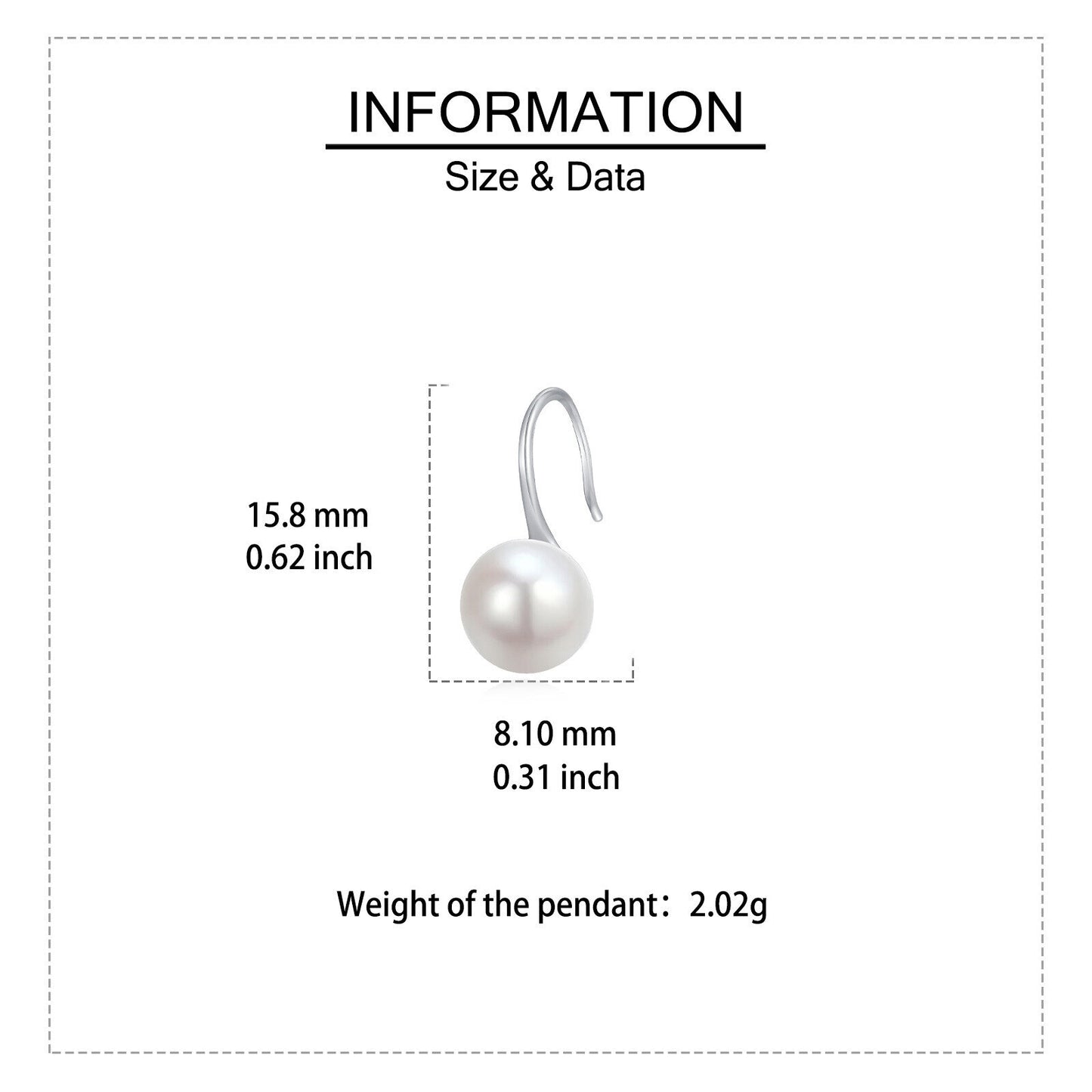 Pearl pendant with size and data information on a white background