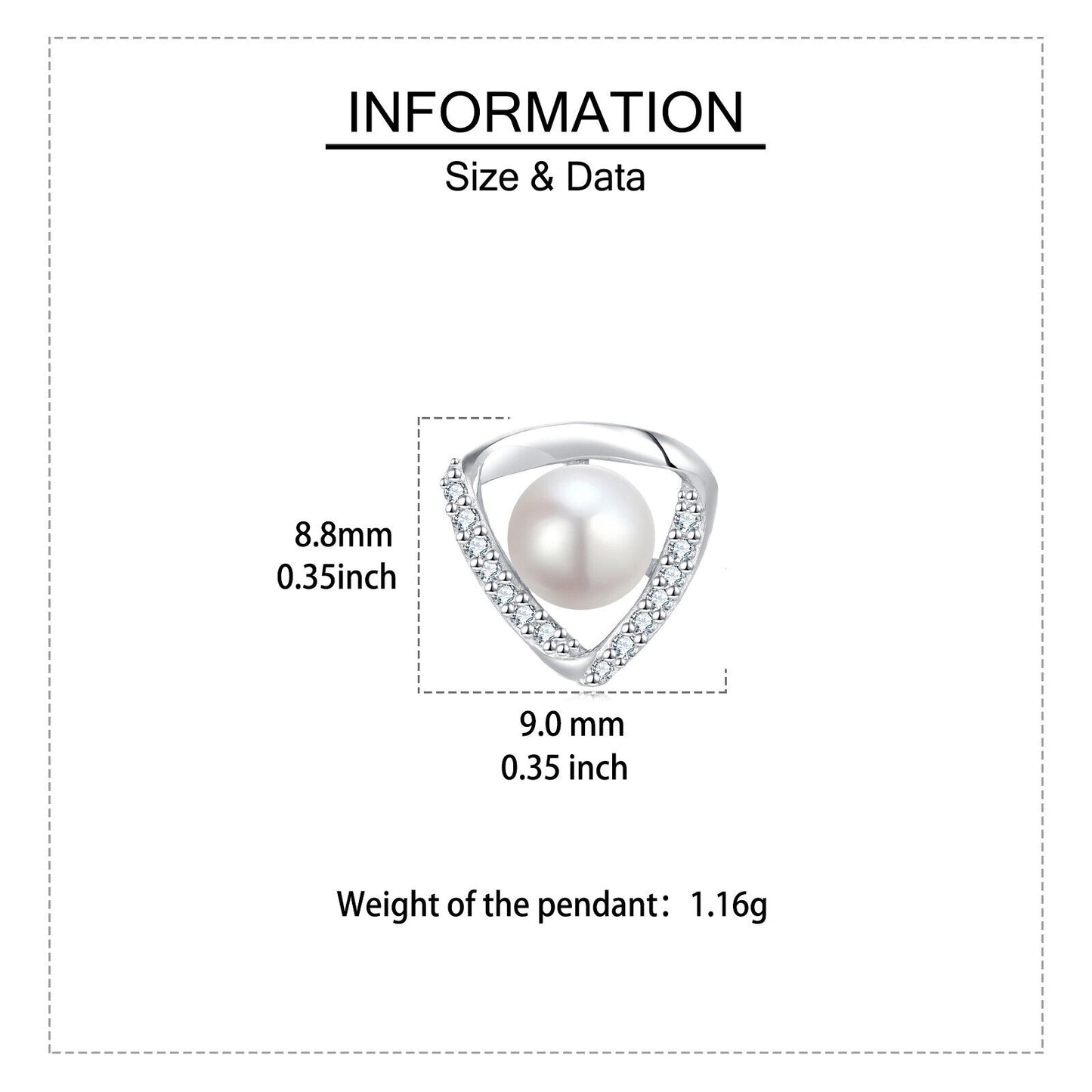Pearl pendant with size and data information on a white background