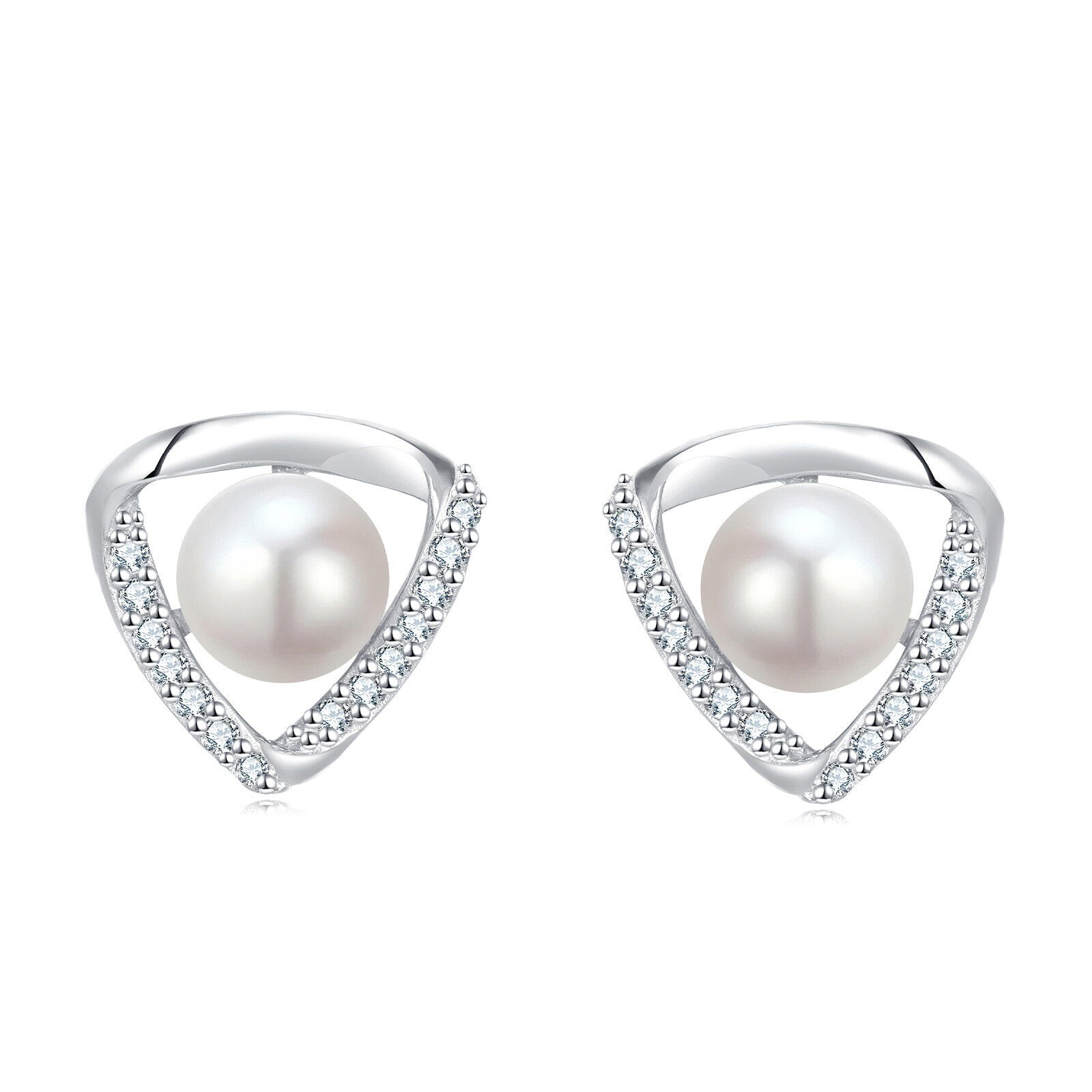 Pearl earrings with silver triangular frames on a white background