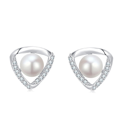 Pearl earrings with silver triangular frames on a white background