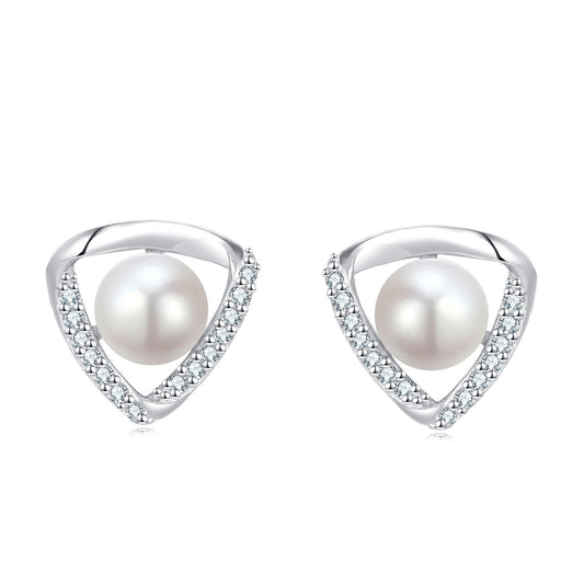 Pearl earrings with silver triangular frames on a white background