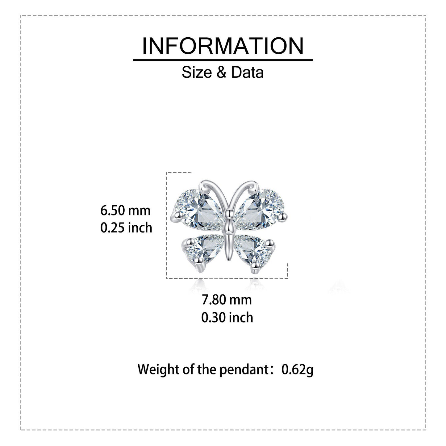 Butterfly-shaped pendant with size and weight information on a white background