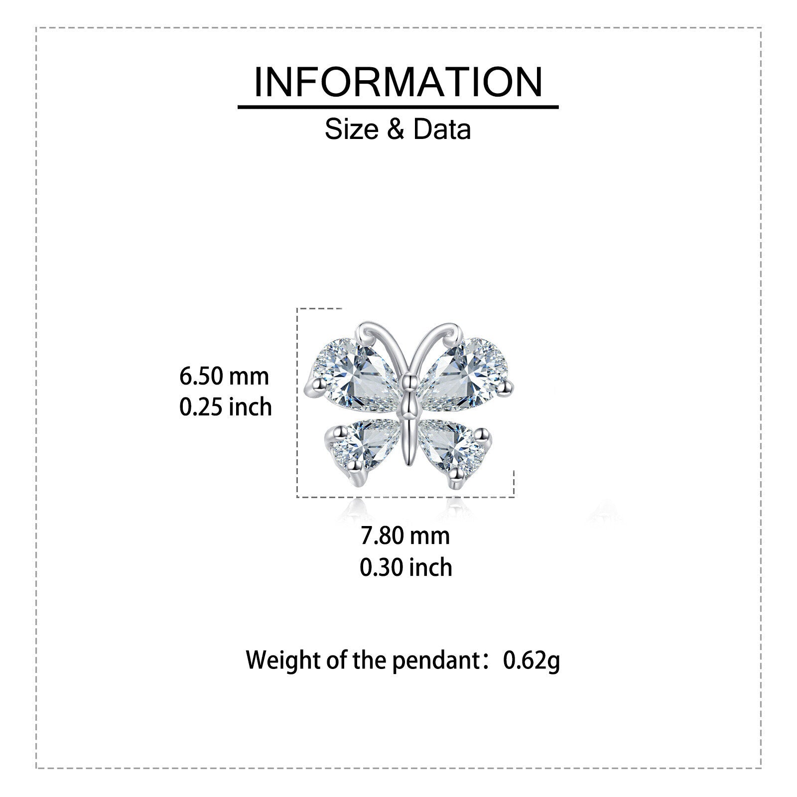 Butterfly-shaped pendant with size and weight information on a white background