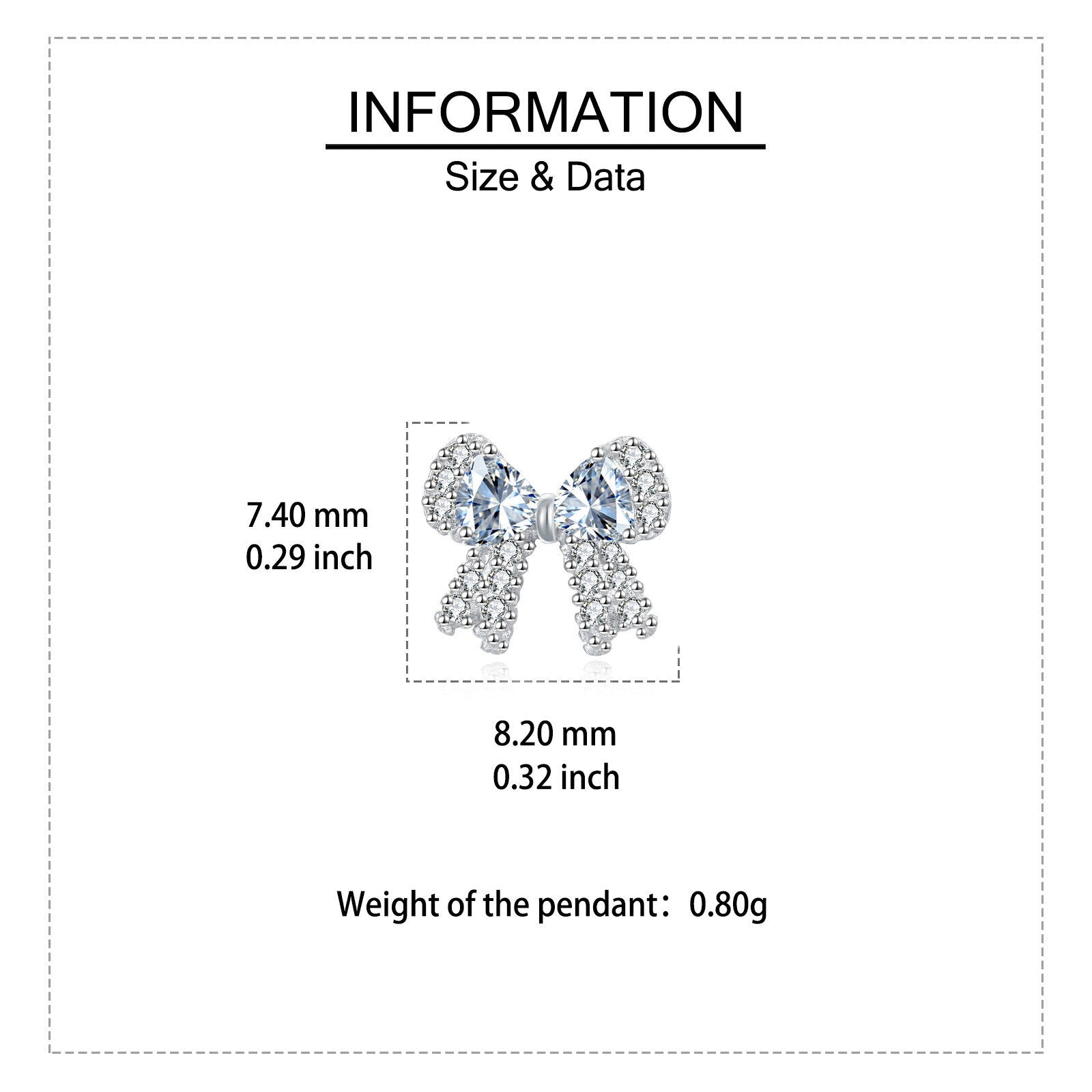 Jewelry information card with bow-shaped pendant dimensions and weight on a white background