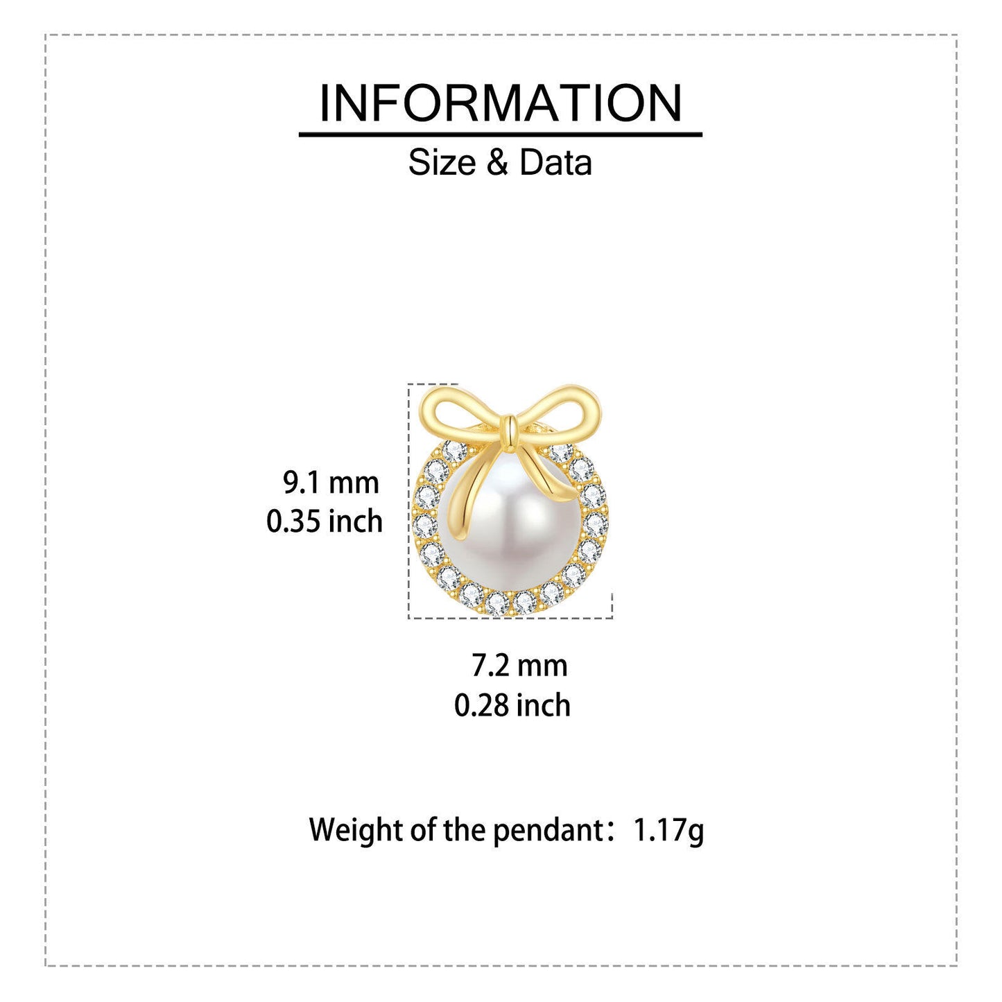 Jewelry pendant with gold bow and pearl, showing size and weight information.