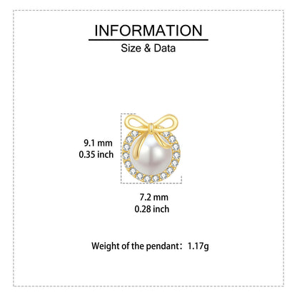 Jewelry pendant with gold bow and pearl, showing size and weight information.