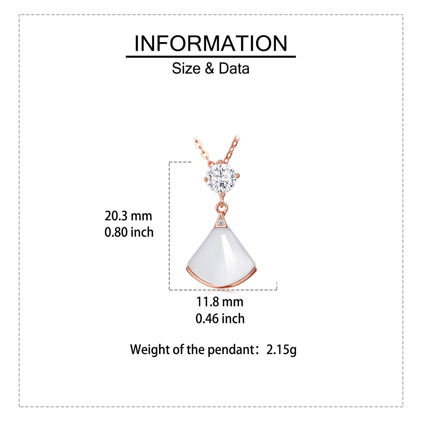 Jewelry pendant with size and data information on a white background