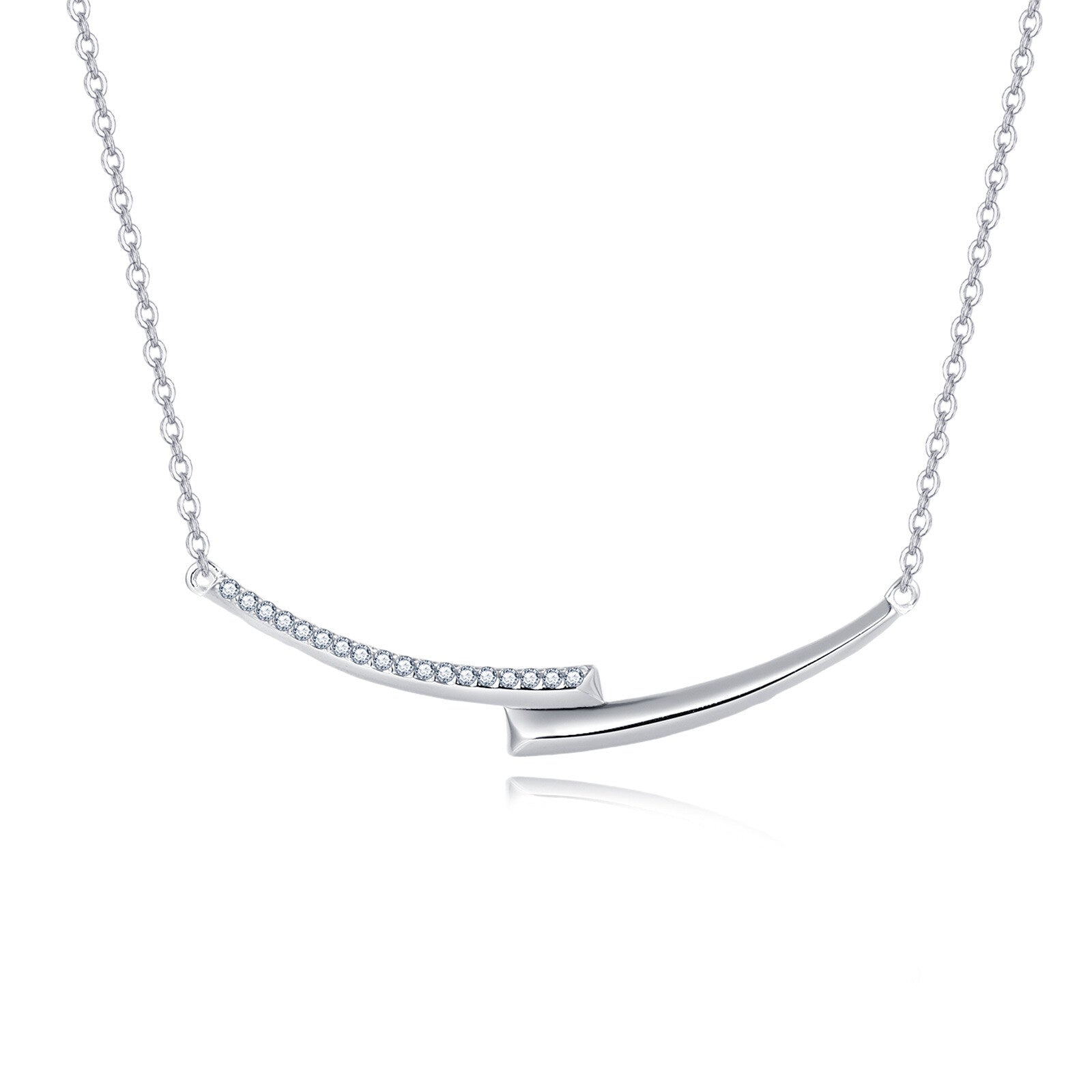 Silver necklace with a curved design on a white background