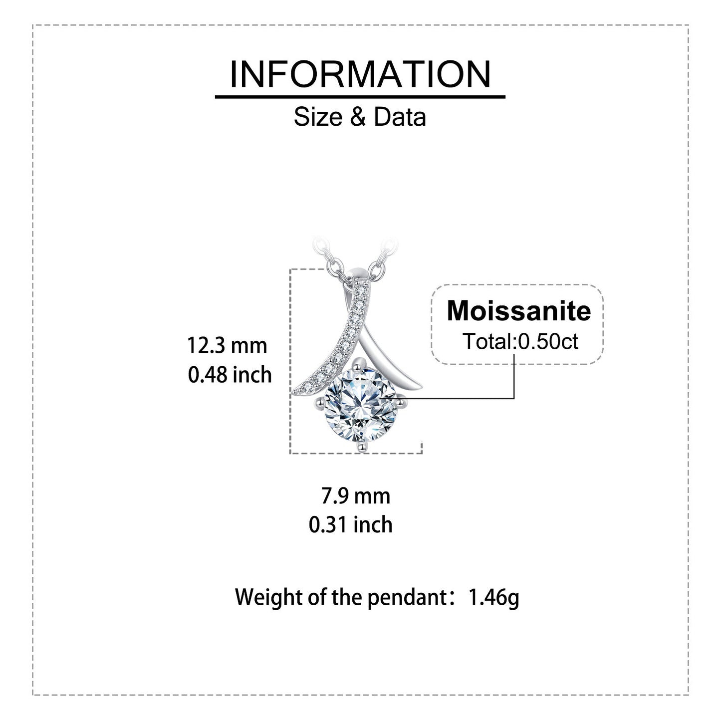 Jewelry pendant with moissanite information on a white background