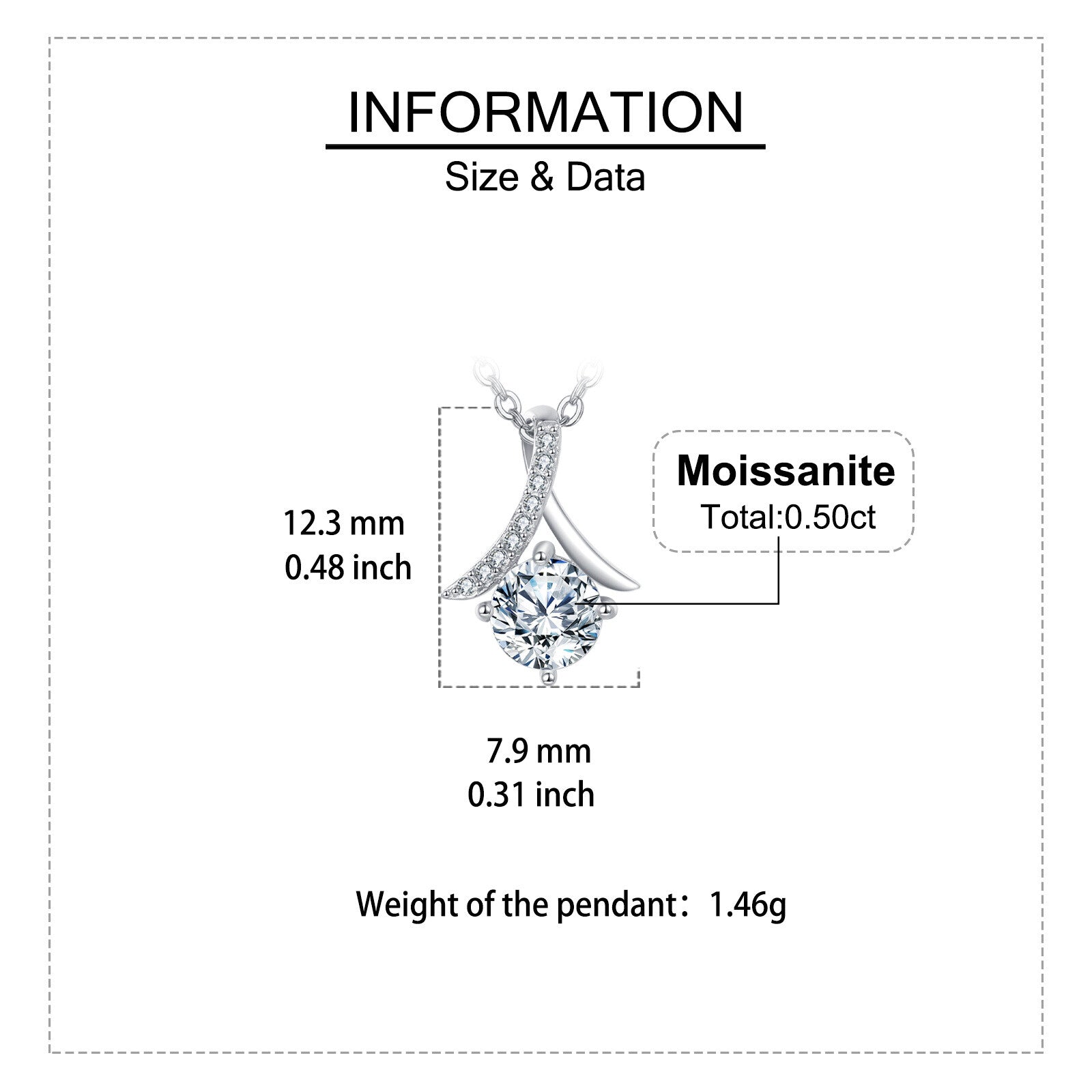 Jewelry pendant with moissanite information on a white background