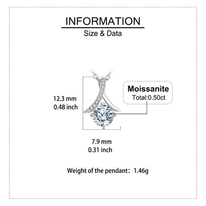 Jewelry pendant with moissanite information on a white background