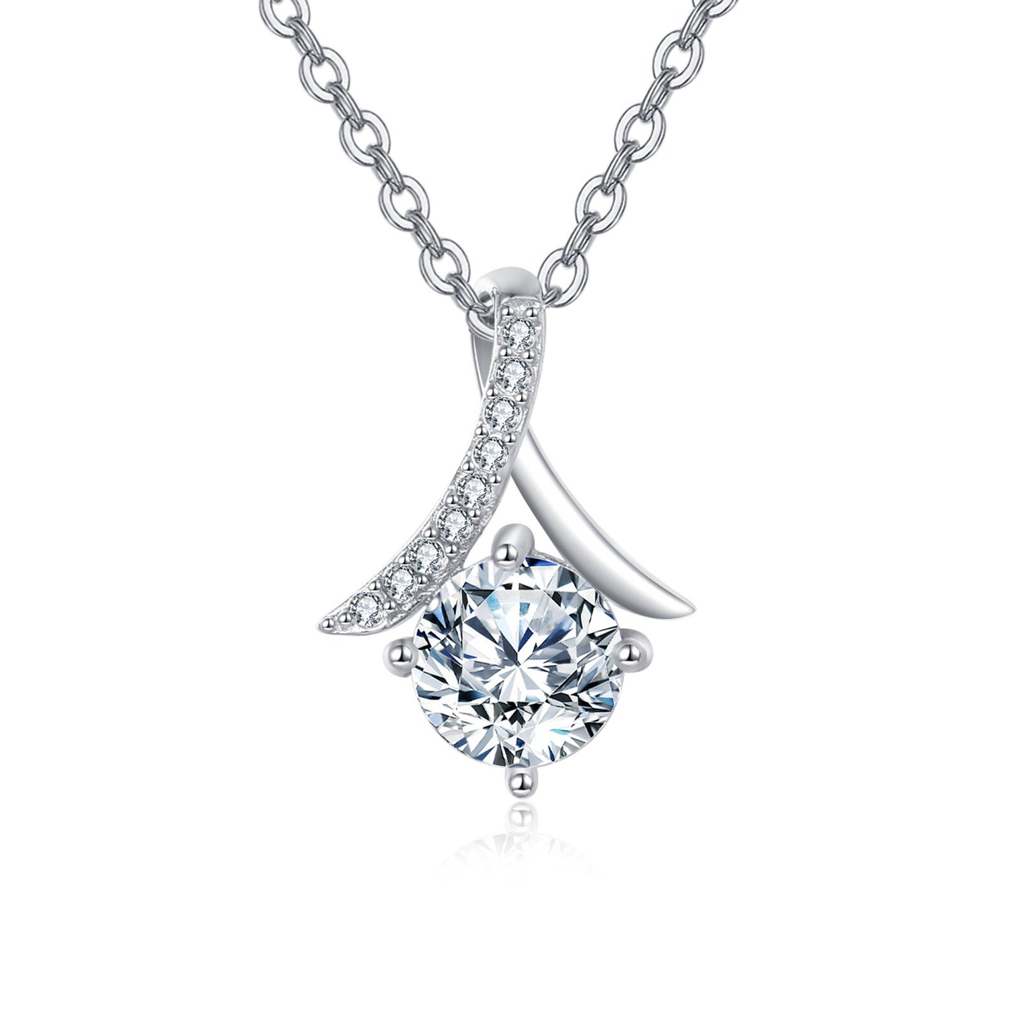 Silver necklace with a diamond pendant on a white background