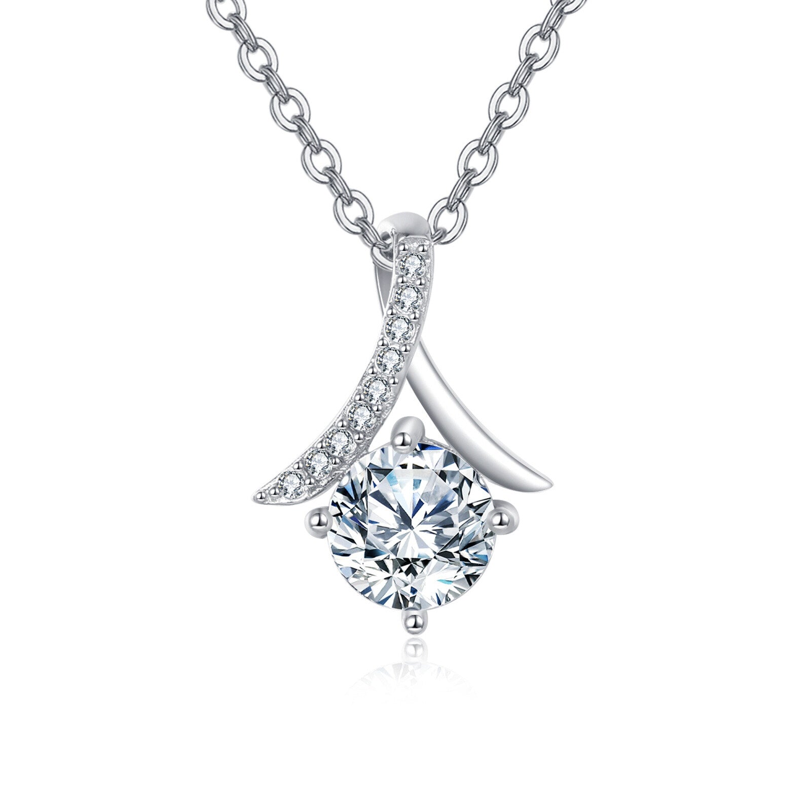 Silver necklace with a diamond pendant on a white background