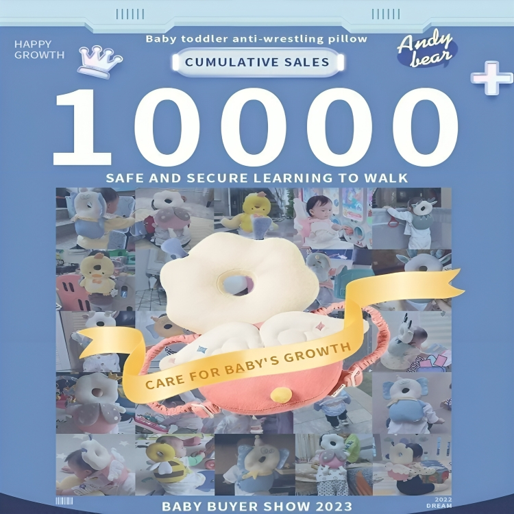 Promotional poster for a baby toddler anti-wrestling pillow with images of children using it, celebrating 10,000 cumulative sales at the Baby Buyer Show 2023.