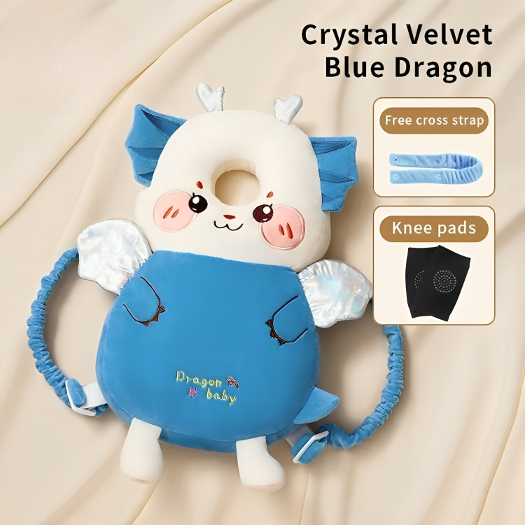 Blue dragon-shaped pillow with knee pads on a beige background