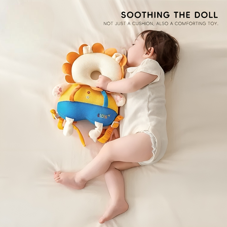 Child holding a lion-shaped comfort toy with text 'Soothing the Doll' on a white background
